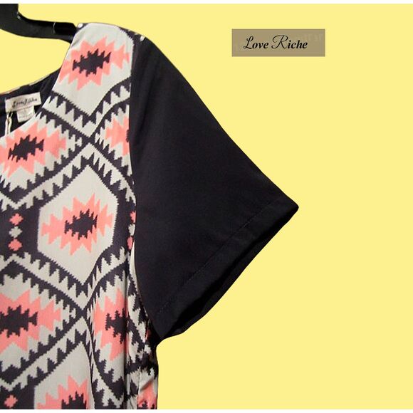 LOVE RICHE NEW Bohemian Geometric Aztec Tribal Print Shift Dress M - Picture 4 of 11